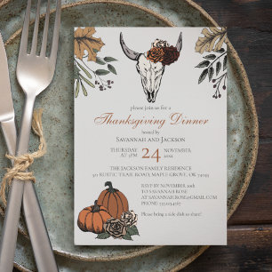Invitation Gray Western Thanksgiving Cow Skull Fall Harvest