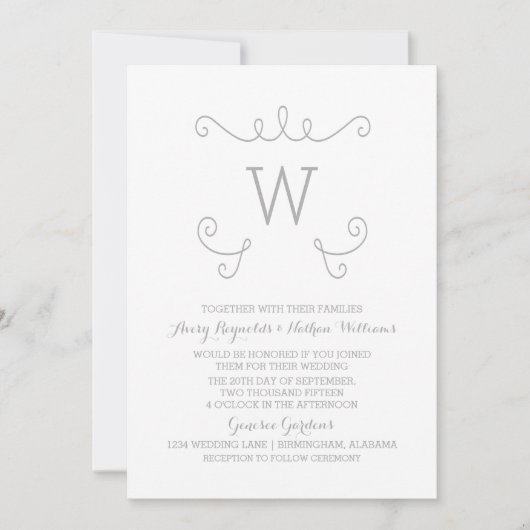 Invitation Gray Whimsical Flourish Monogramme Mariage Inviter (Devant)