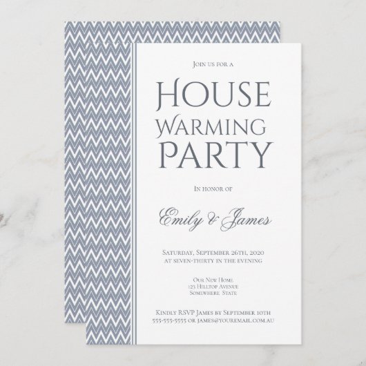 Invitation Gray White Chevron House Party (Devant / Derrière)