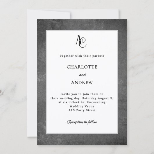 Invitation Gray white modern monogram rustic wedding (Devant)