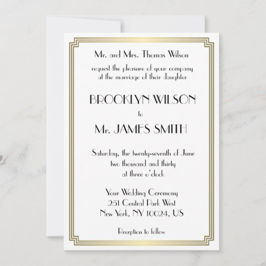 Invitation Great Gatsby Art Déco Gold White Wedding Invite (Devant)
