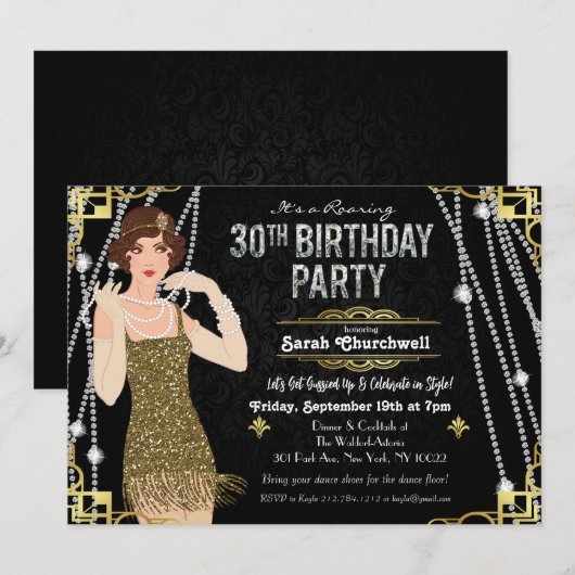 Invitation Great Gatsby Flapper Girl 30e anniversaire Invitat (Devant / Derrière)