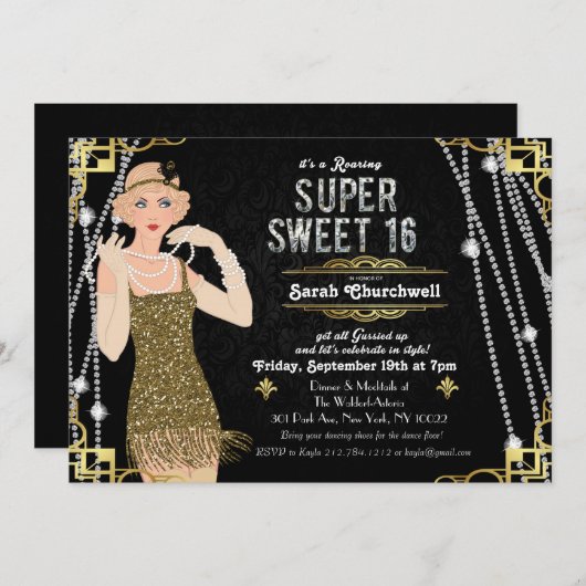 Invitation Great Gatsby Flapper Sweet 16 Anniversaire Invitat (Devant / Derrière)