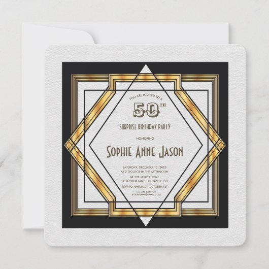 Invitation Great Gatsby Gold White Art Déco 50e anniversaire (Devant)