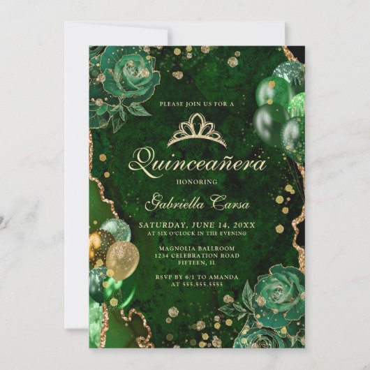 Invitation Gree Gold Floral Agate Photo Quinceanera (Devant)