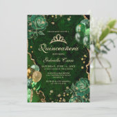 Invitation Gree Gold Floral Agate Photo Quinceanera (Debout devant)
