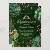 Invitation Gree Gold Floral Agate Photo Quinceanera (Devant / Derrière)