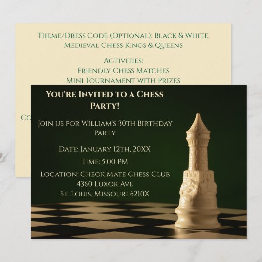 Invitation Green 30th Birthday Party Chess Rook (Devant / Derrière)