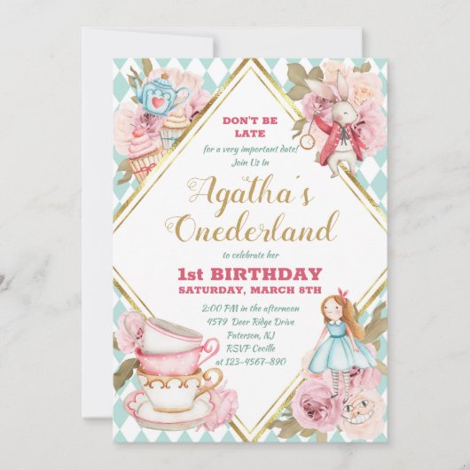 Invitation Green Alice in Wonderland Tea Party Birthday Invit (Devant)