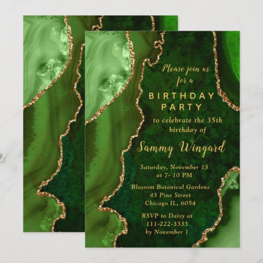 Invitation Green and Gold Agate Marble Birthday Party (Devant / Derrière)