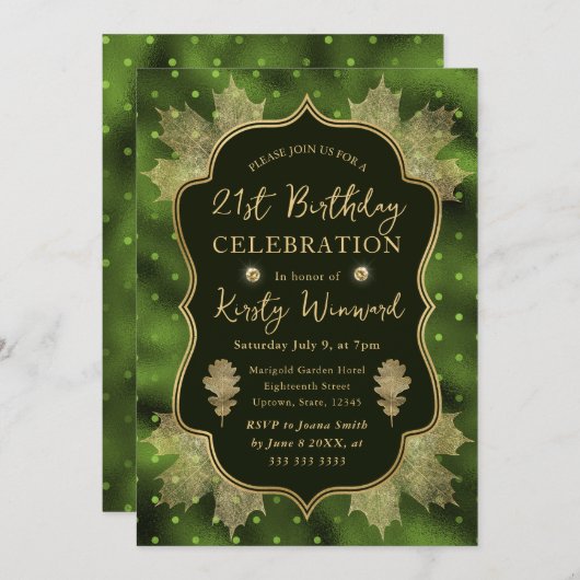 Invitation Green and Gold Automne Feuilles automnales 21e ann (Devant / Derrière)