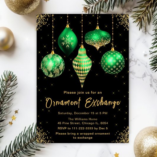 Invitation Green and Gold Ornament Exchange Party