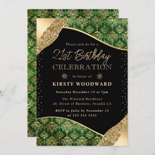 Invitation Green and Gold Winter Damask 21e anniversaire (Devant / Derrière)