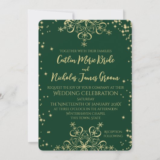 Invitation Green and Gold Winter Wedding Snowflakes Invita (Devant)