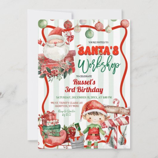 Invitation Green and Red Retro Santa's Workshop Birthday (Devant)