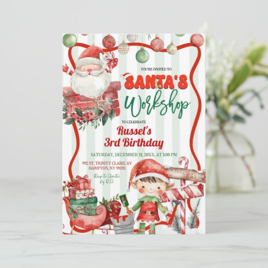 Invitation Green and Red Retro Santa's Workshop Birthday (Debout devant)