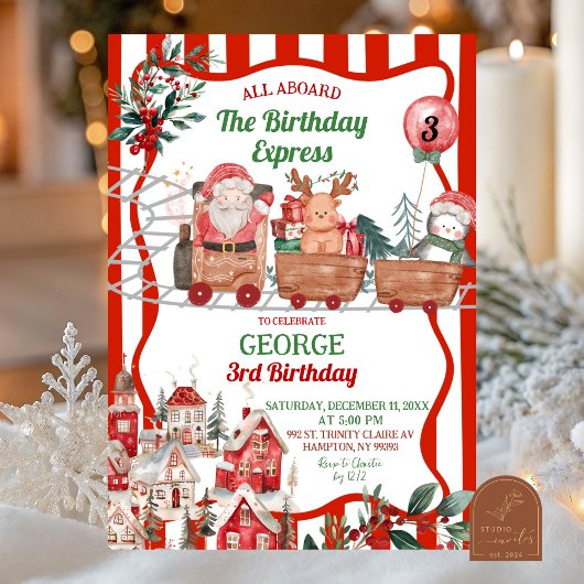 Invitation Green and Red Retro Santa's Workshop Birthday