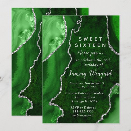 Invitation Green and Silver Agate Marble Sweet Sixteen (Devant / Derrière)