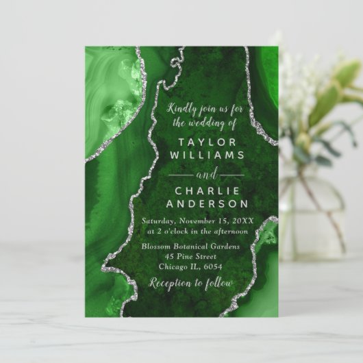 Invitation Green and Silver Agate Marble Wedding (Debout devant)