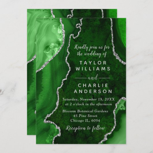 Invitation Green and Silver Agate Marble Wedding (Devant / Derrière)