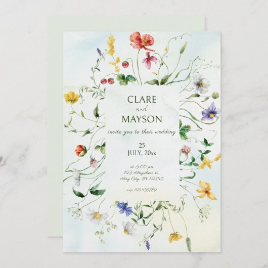 Invitation Green and White Romance Rustique Mariage d'été (Devant / Derrière)