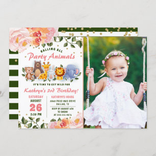Invitation Green Animal Friends Pink Floral Photo Anniversair