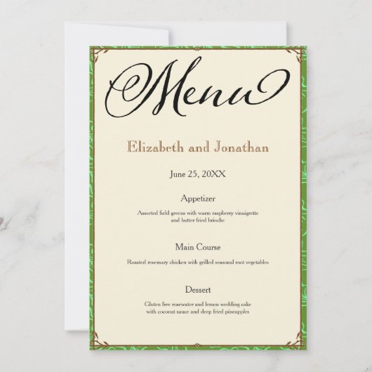 Invitation Green Aqua Mariage campagnard Brown Menu Réception (Devant)