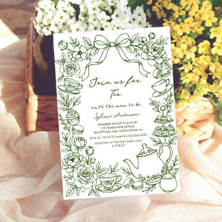 Invitation green baby shower tea bow hand drawn