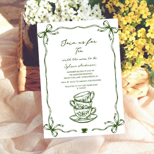 Invitation green baby shower tea bow hand drawn