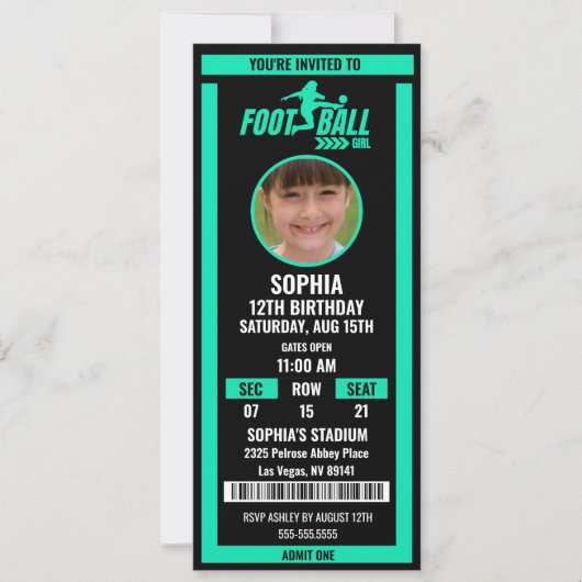 Invitation Green Black Football Ticket Birthday Photo (Devant)