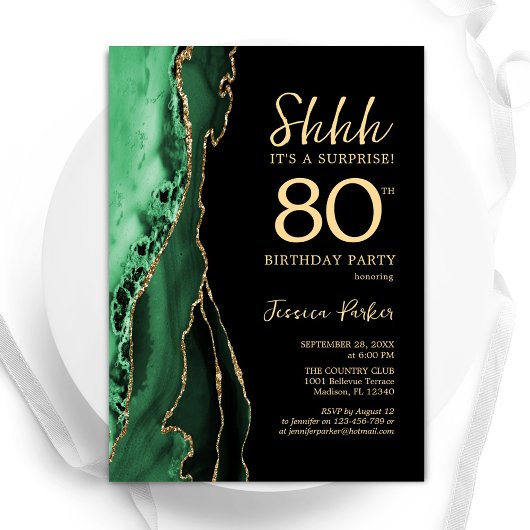 Invitation Green Black Gold Agate Surprise 80e anniversaire