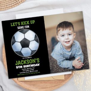 Invitation Green Black Photo Soccer Floor Soccer Anniversaire