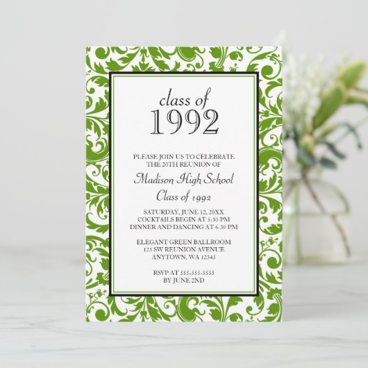 Invitation Green Black Swirl Damask Class Retrouvailles Invit (Debout devant)