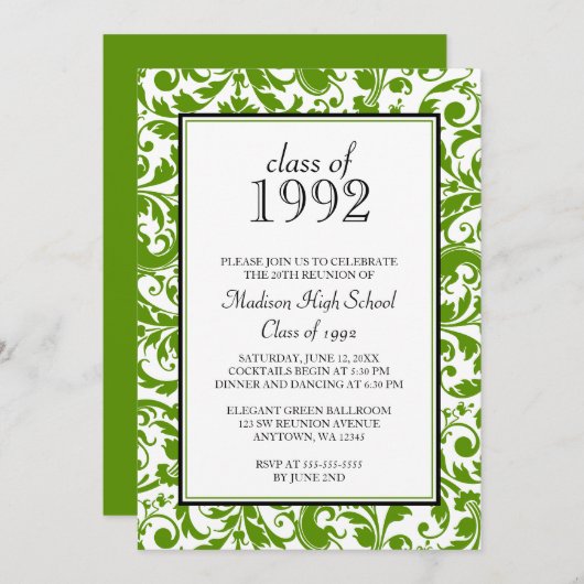 Invitation Green Black Swirl Damask Class Retrouvailles Invit (Devant / Derrière)