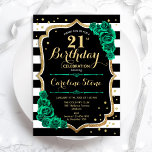 Invitation Green Black White Stripes Feminine 21e anniversair<br><div class="desc">Invitation de fête du 21e anniversaire. Design vert émeraude floral élégant avec de l'or parties scintillant et des roses. Fonctionne avec des rayures noir et blanc et une police de script. Idéal pour une célébration anniversaire féminine élégante. Peut être customisé pour n'importe quel âge ! Invitations Zazzle imprimées ou téléchargement...</div>