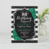 Invitation Green Black White Stripes Rose 80e anniversaire (Debout devant)