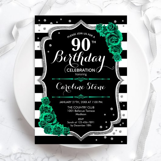 Invitation Green Black White Stripes Rose 90e anniversaire