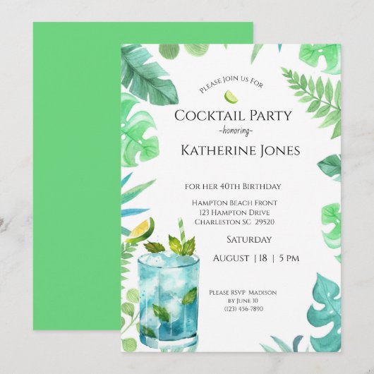 Invitation Green Blue Feuille 40e anniversaire Cocktail Party (Devant / Derrière)