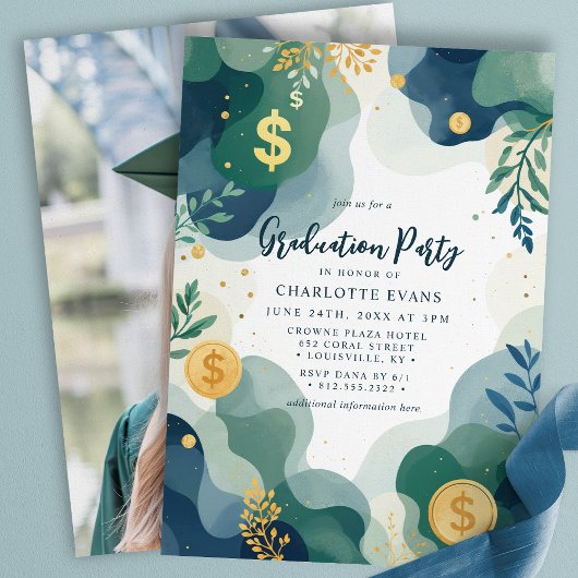 Invitation Green Blue Gold Finance Dollar Photo Grad Party