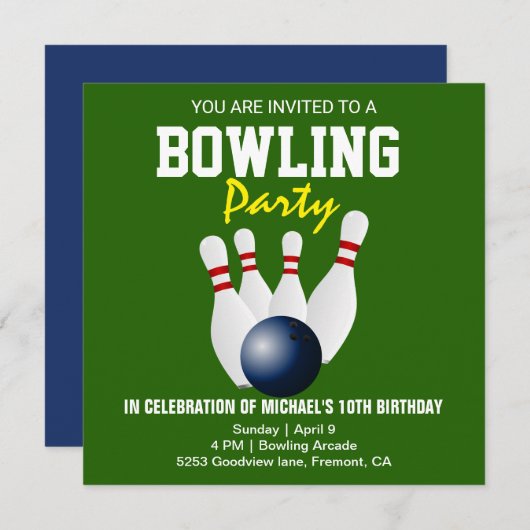 Invitation Green Blue Modern Bowling Party Anniversaire Invit (Devant / Derrière)