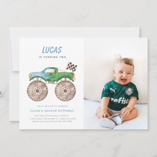 Invitation Green Blue Monster Camion Anniversaire Photo Invit (Devant)