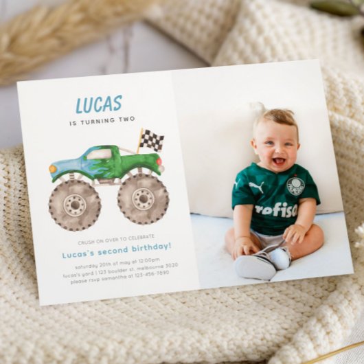 Invitation Green Blue Monster Camion Anniversaire Photo Invit