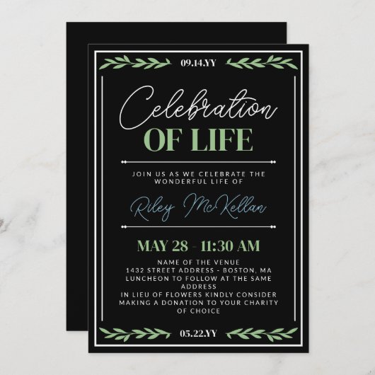 Invitation Green Blue Script Célébration de la vie (Devant / Derrière)