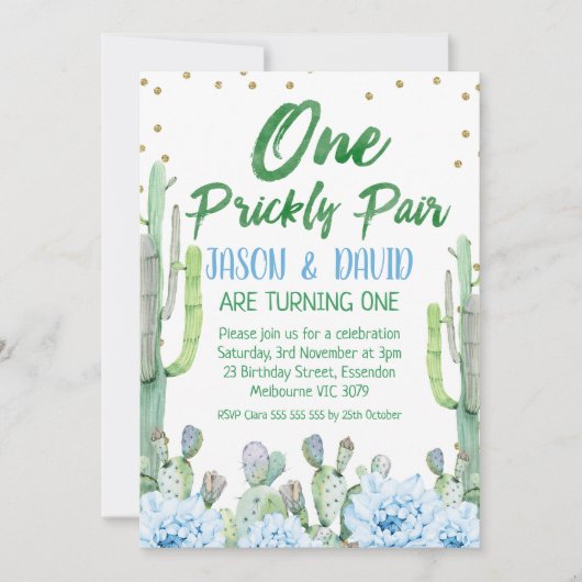 Invitation Green Blue Twins One Prickly Pair 1er anniversaire (Devant)