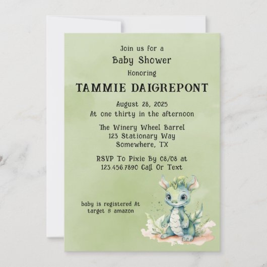 Invitation Green Blue Watercolor Dragon Boy Baby shower (Devant)