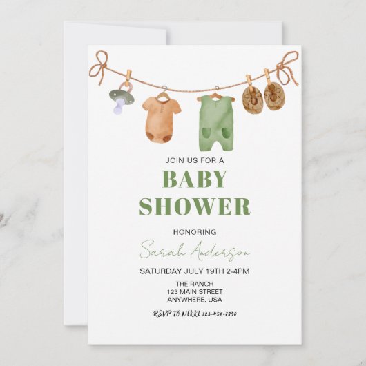 Invitation Green Boho Baby Clothes Baby shower (Devant)