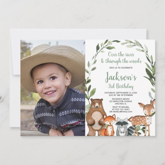 Invitation Green Bois animaux garçon fille d'anniversaire pho (Devant)