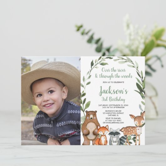 Invitation Green Bois animaux garçon fille d'anniversaire pho (Debout devant)