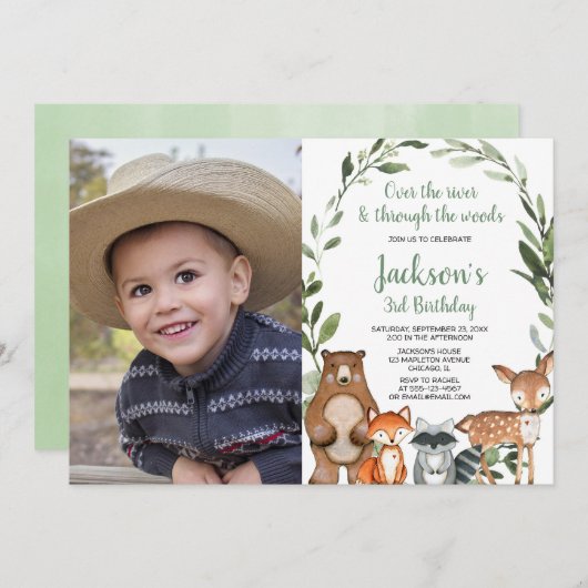 Invitation Green Bois animaux garçon fille d'anniversaire pho (Devant / Derrière)