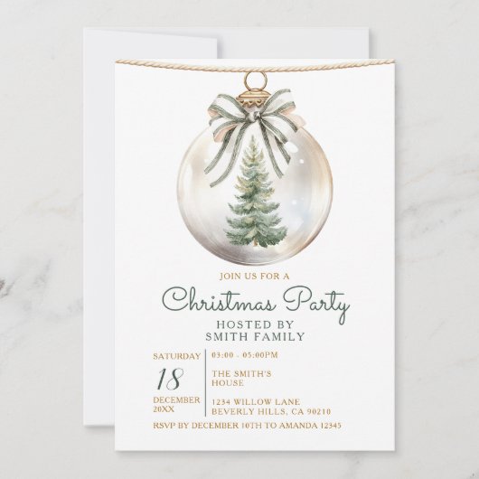 Invitation Green Bow Christmas Party Ornament Holiday Floral (Devant)